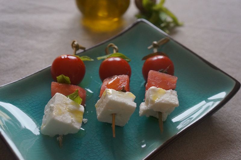 Brochettes Apéritives fêta Menthe pasteque tomates